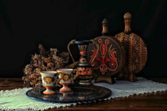 En samling antikt keramik og porcelæn på et brunt bord med grøn dug på